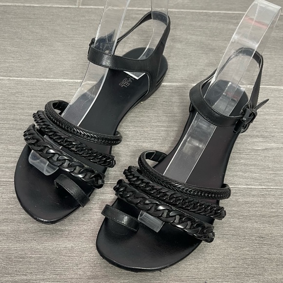 MICHAEL Michael Kors Jackie Chain Link Flat Sandals Black Leather Shoes 5.5 - Picture 8 of 11